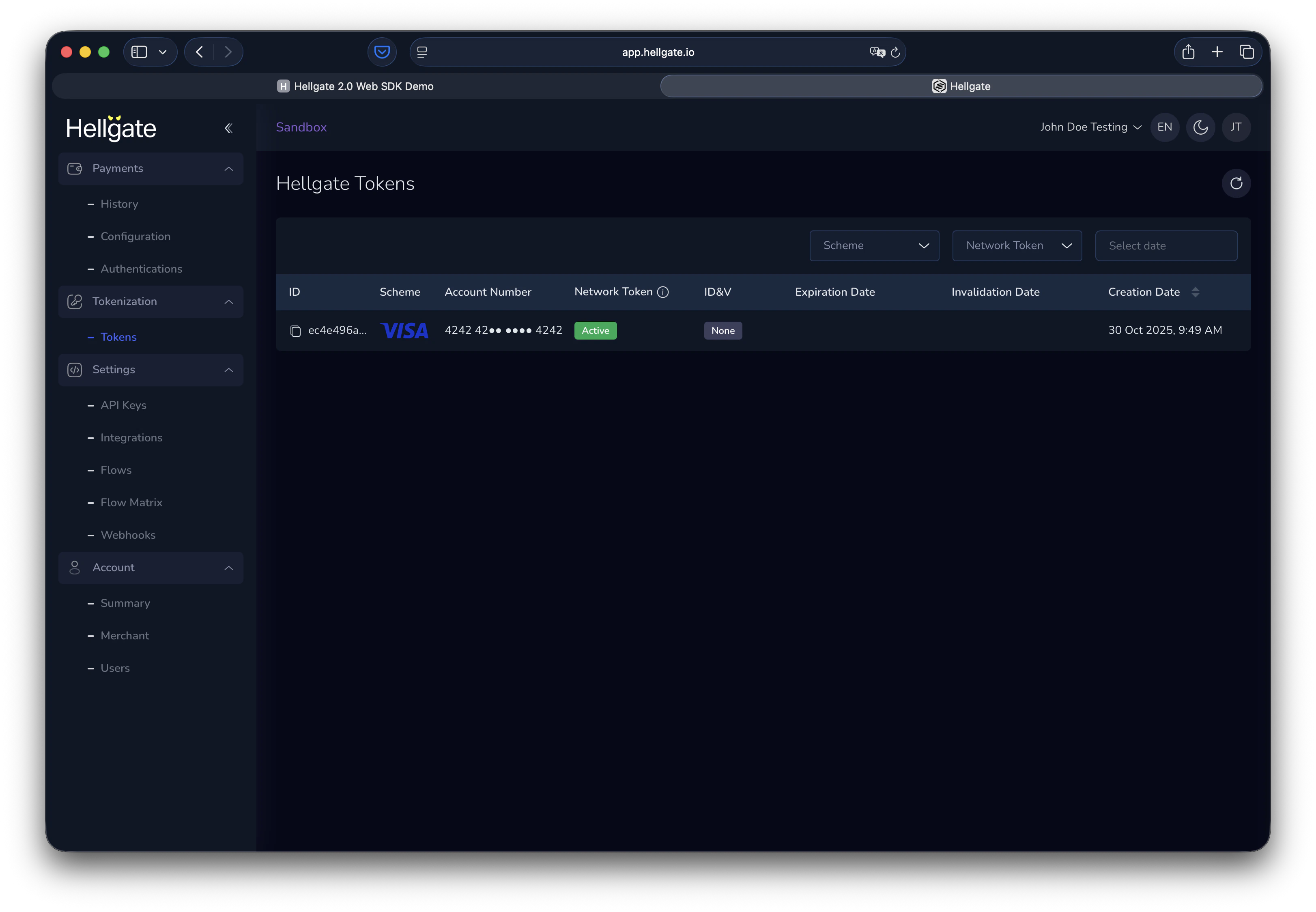 Tokens list with filters