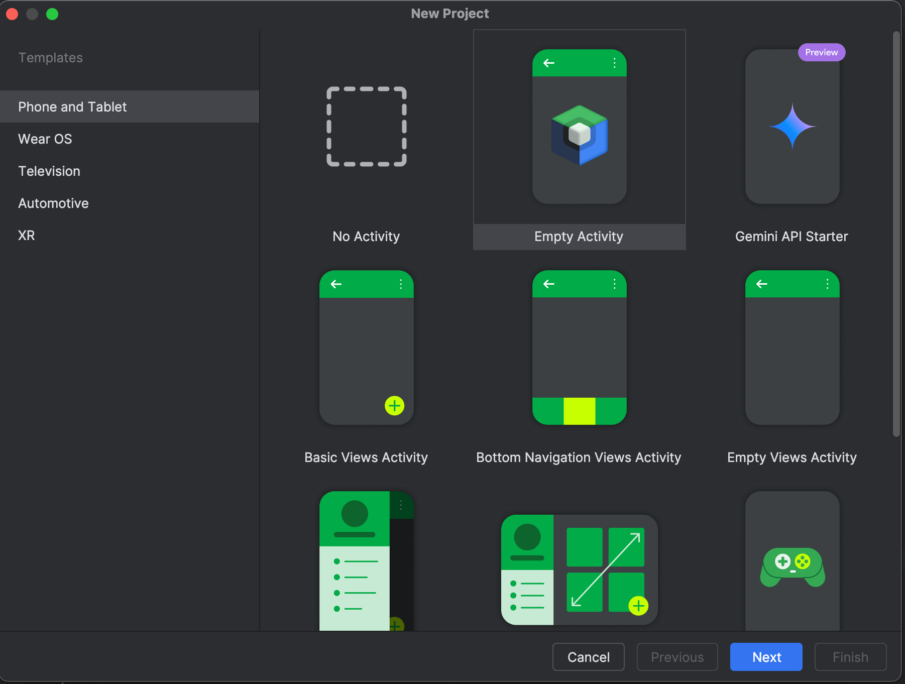 Android Studio: pick a template