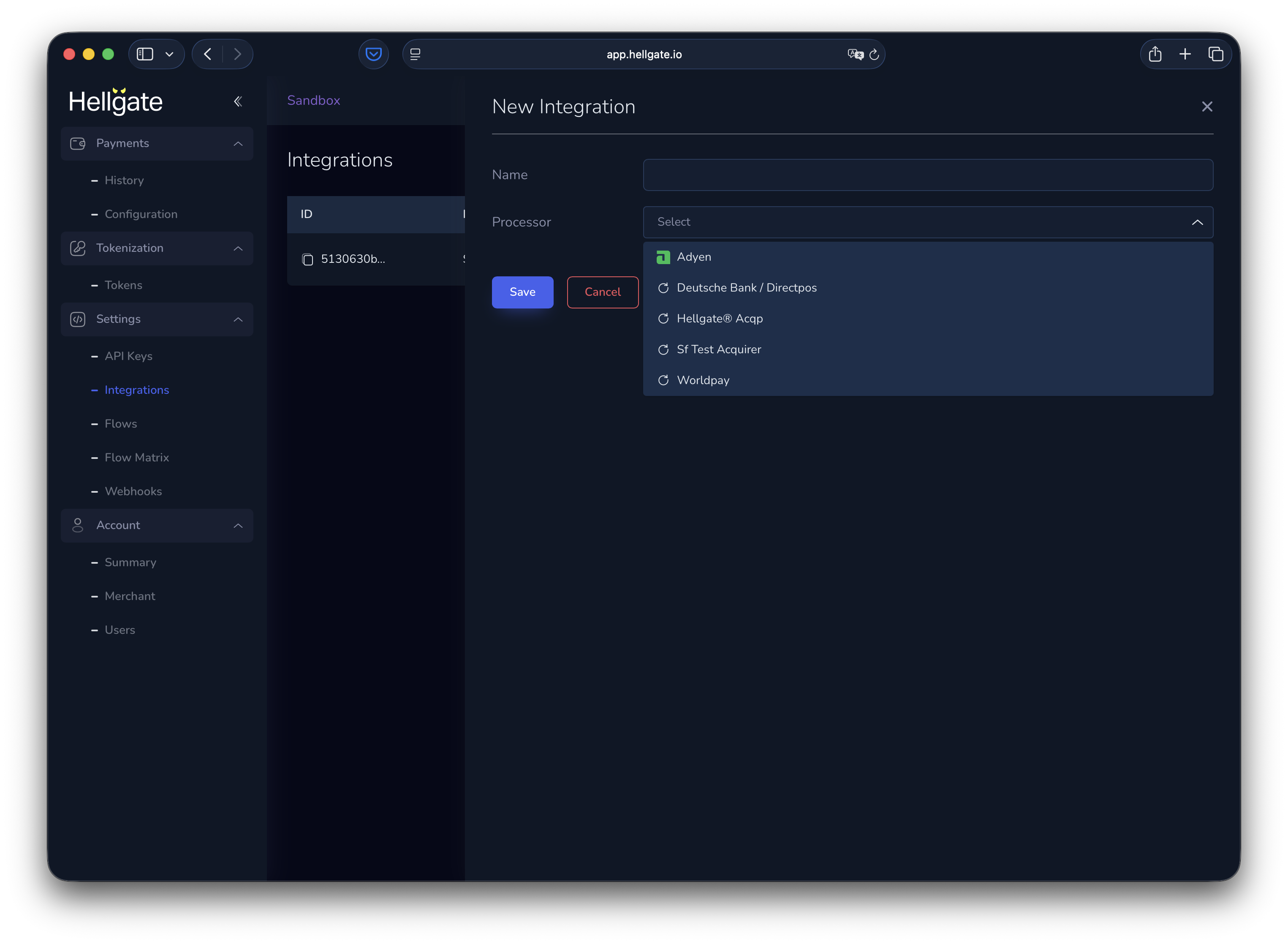 Add new integration – processor selection