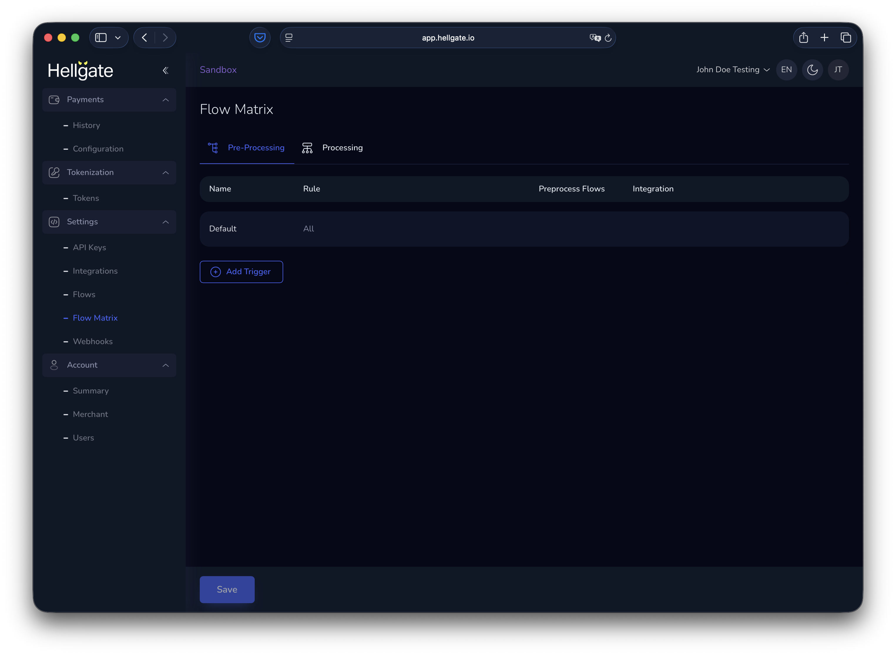 Pre-processing flow matrix