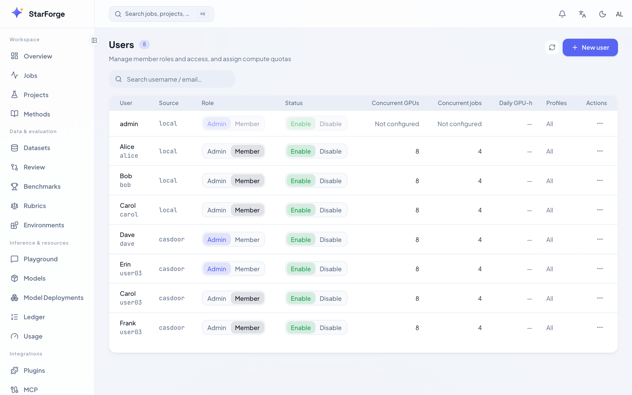 StarForge admin users page