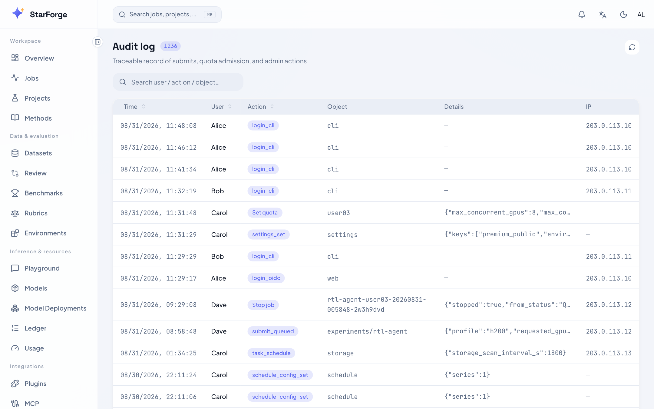 StarForge audit log