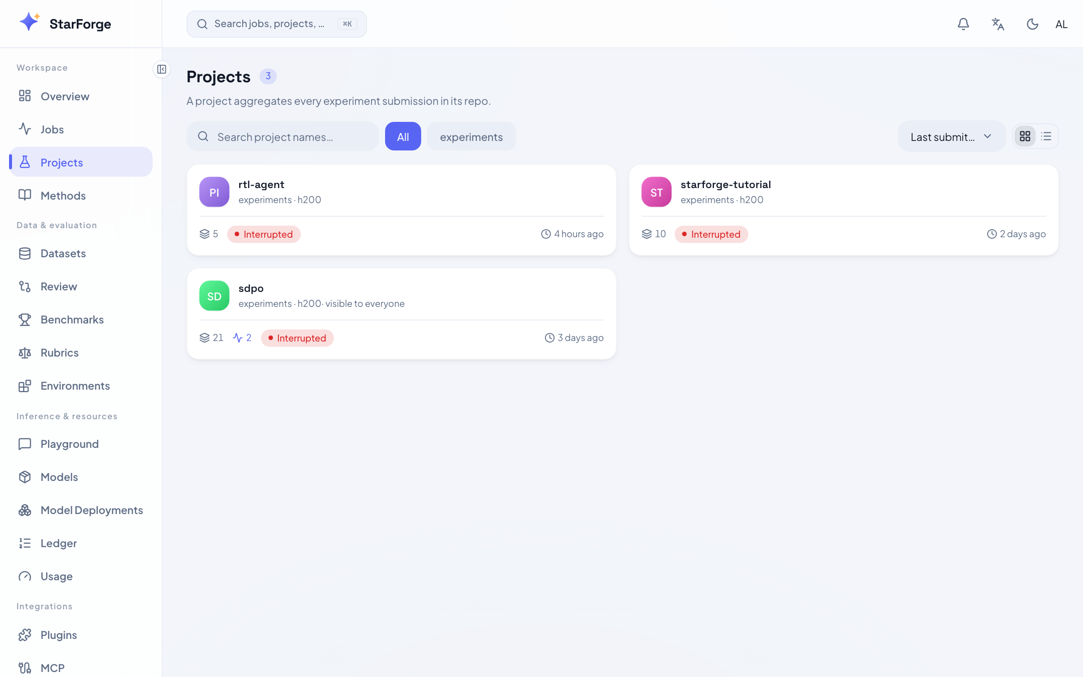 StarForge projects page