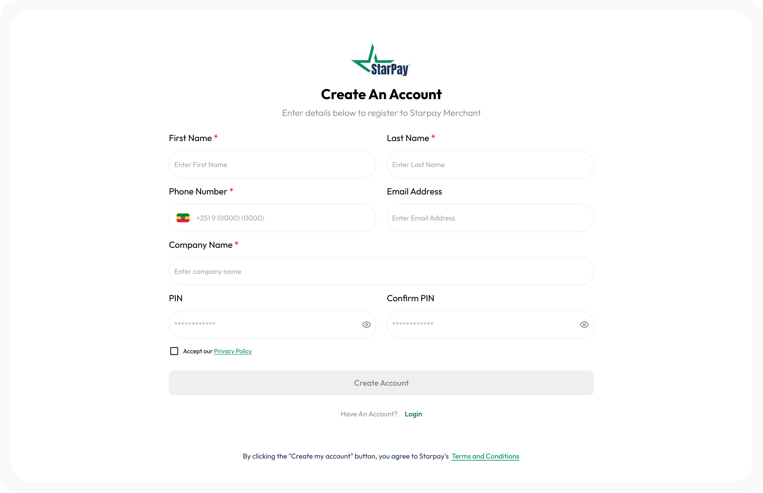 StarPay signup form