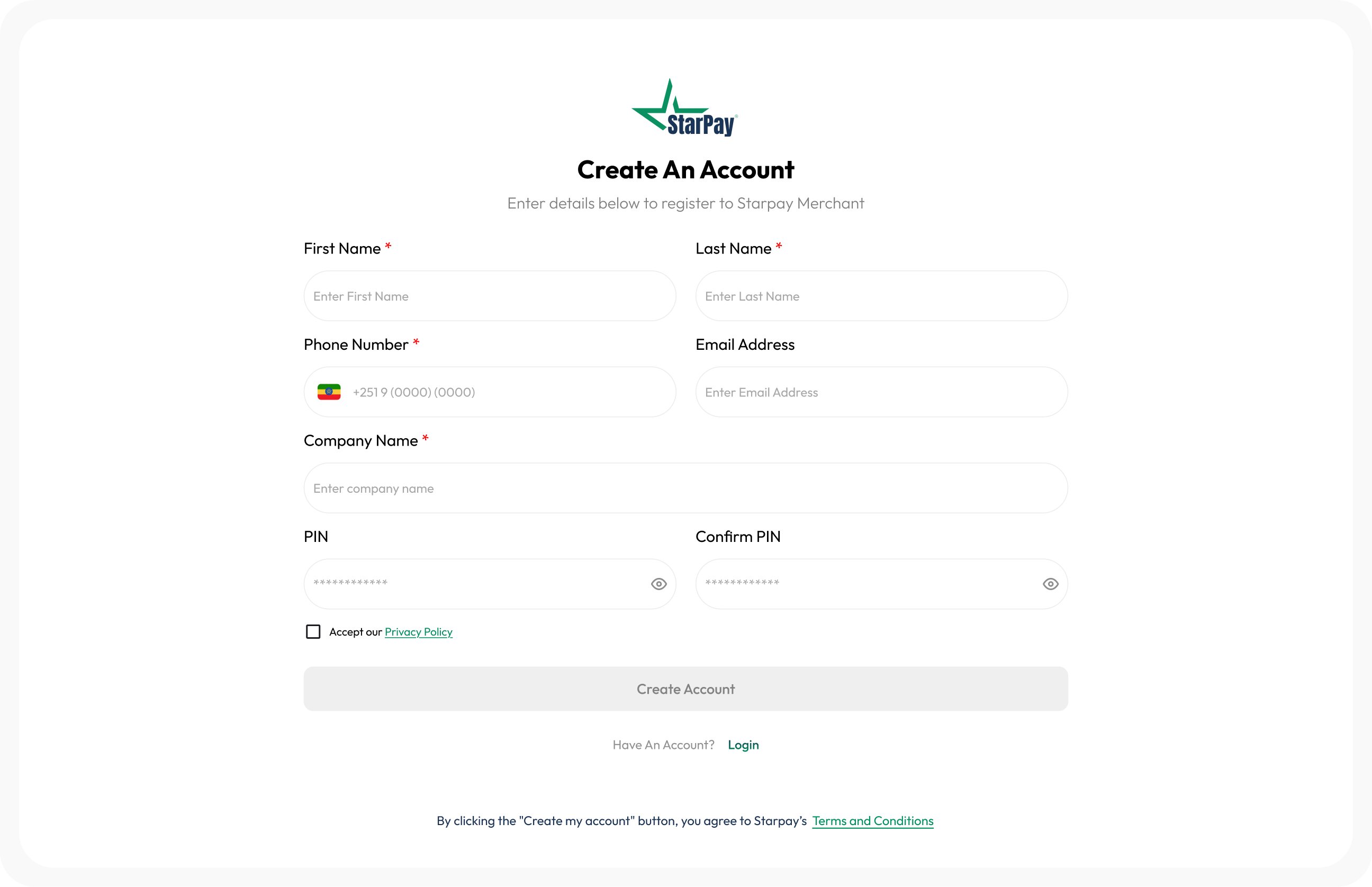 StarPay signup form