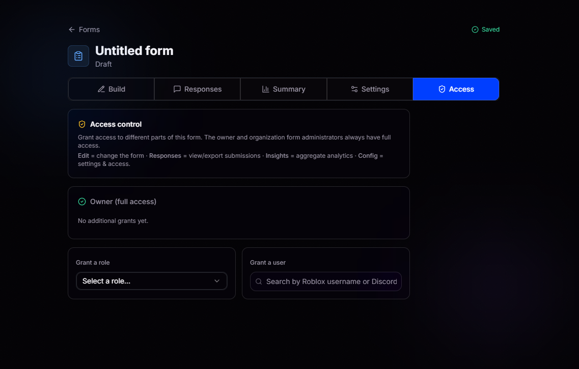 Access control tab with role and user grant options