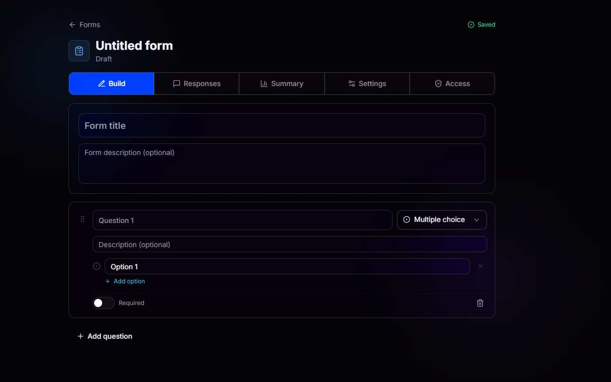 Form builder with tabs for Build, Responses, Summary, Settings, and Access