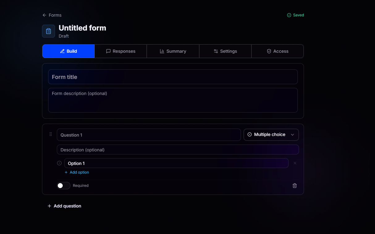 Form builder with tabs for Build, Responses, Summary, Settings, and Access
