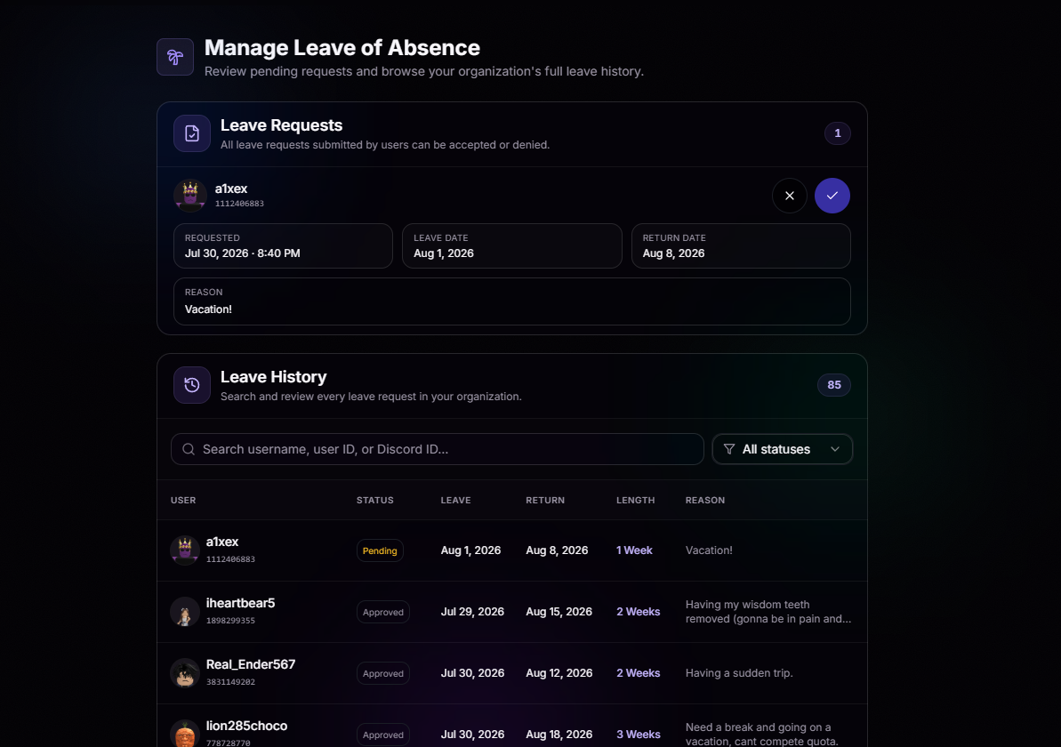 Manage LOA requests dashboard with approve, deny, and detail views