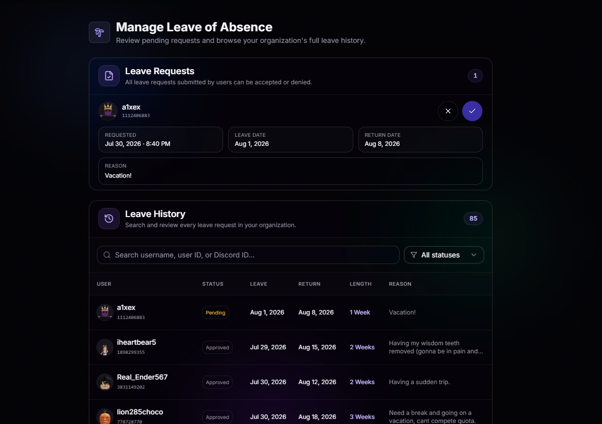 Manage LOA requests dashboard with approve, deny, and detail views