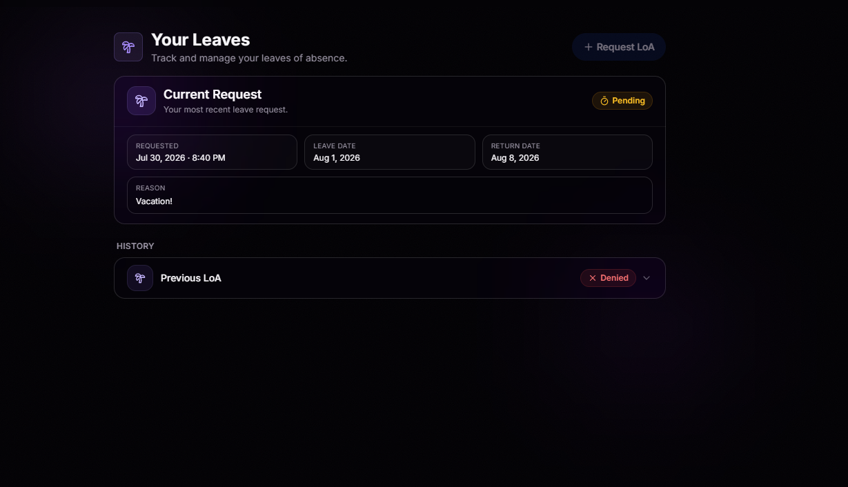 Personal Leave of Absence view showing user's own active, pending, and past leaves