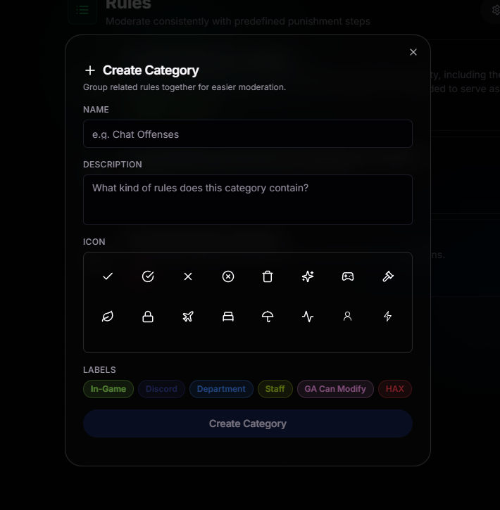 Create Category modal with name, description, icon picker, and label options