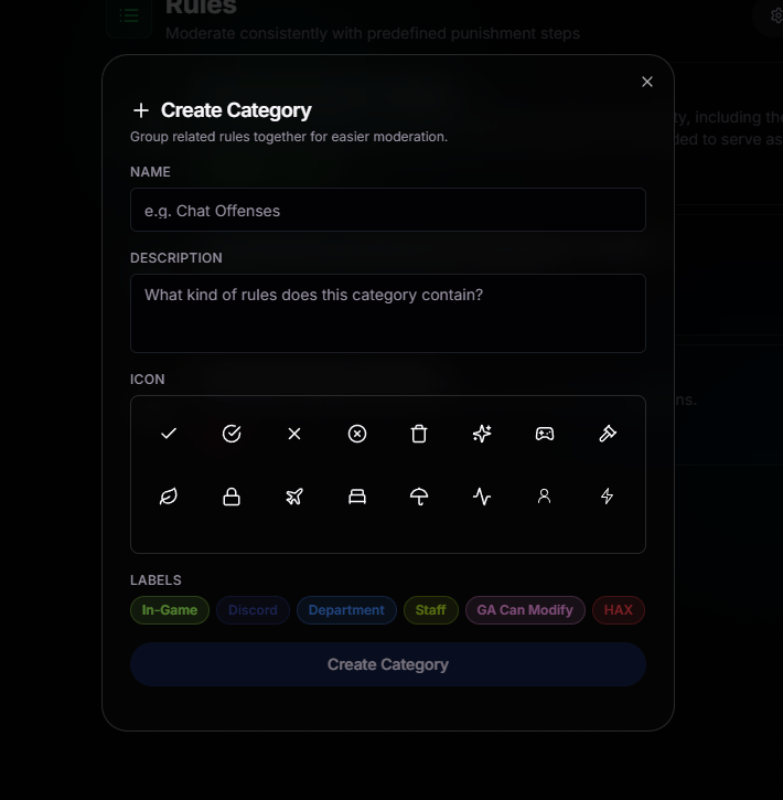 Create Category modal with name, description, icon picker, and label options