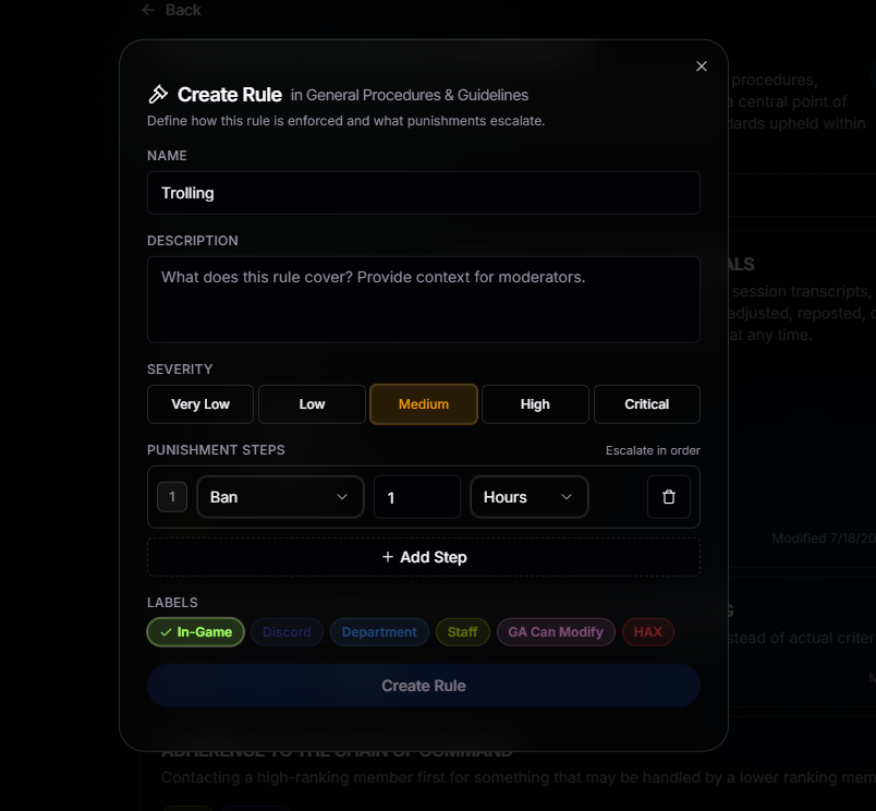 Create Rule modal with name, description, severity selector, punishment steps, and label chips