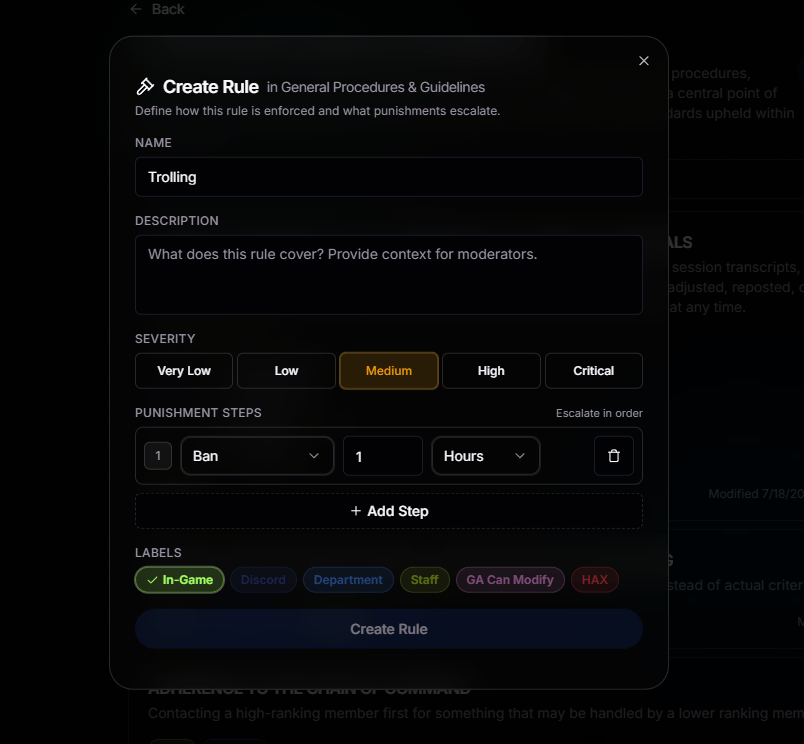 Create Rule modal with name, description, severity selector, punishment steps, and label chips