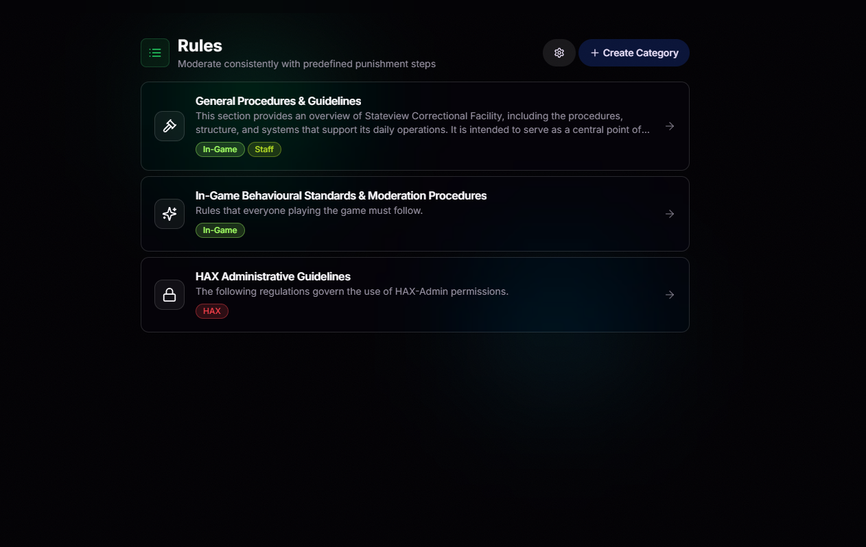Rules landing page with categorized rule groups and severity tags