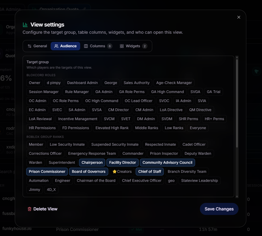View settings Audience tab showing BloxCord roles and Roblox group ranks that define the target group