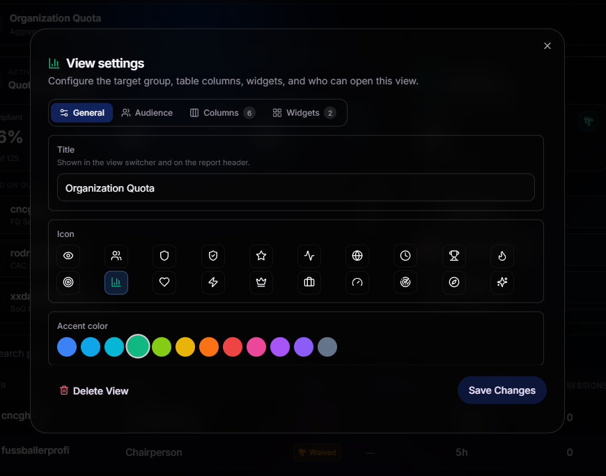 View settings General tab with title field, icon picker, and accent color palette