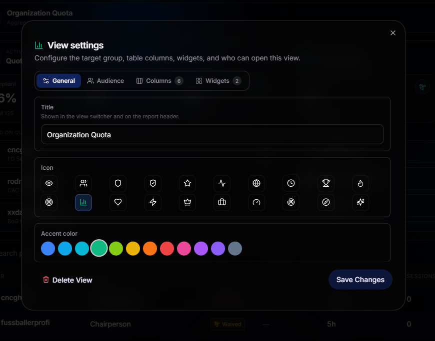 View settings General tab with title field, icon picker, and accent color palette