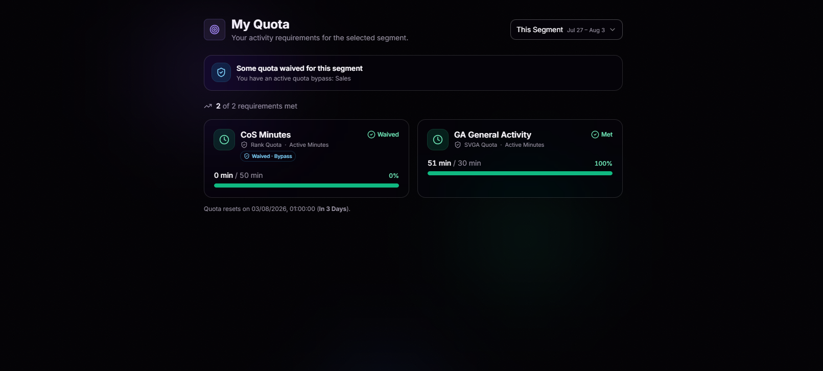 My Quota dashboard showing rank quota and department quota requirements with progress bars and an active bypass