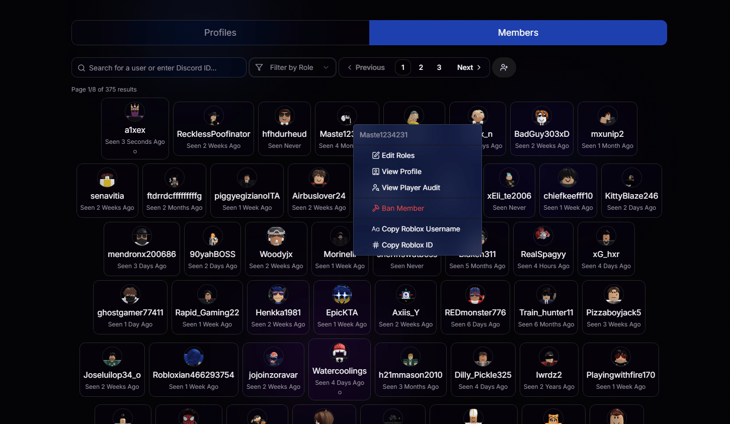 Members tab with right-click context menu open on a member