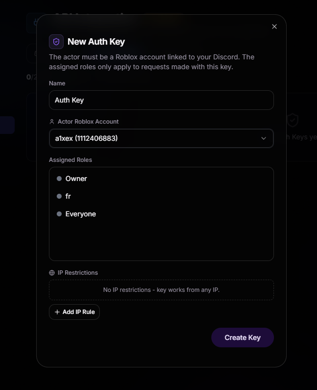 New Auth Key dialog
