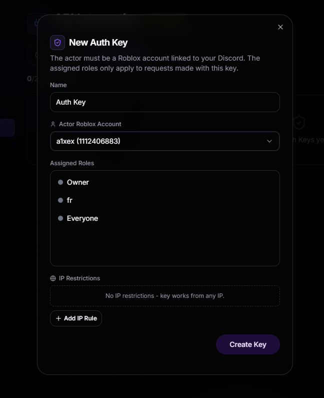New Auth Key dialog