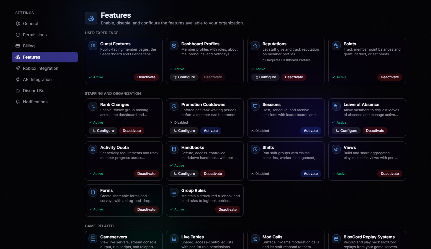 Features settings