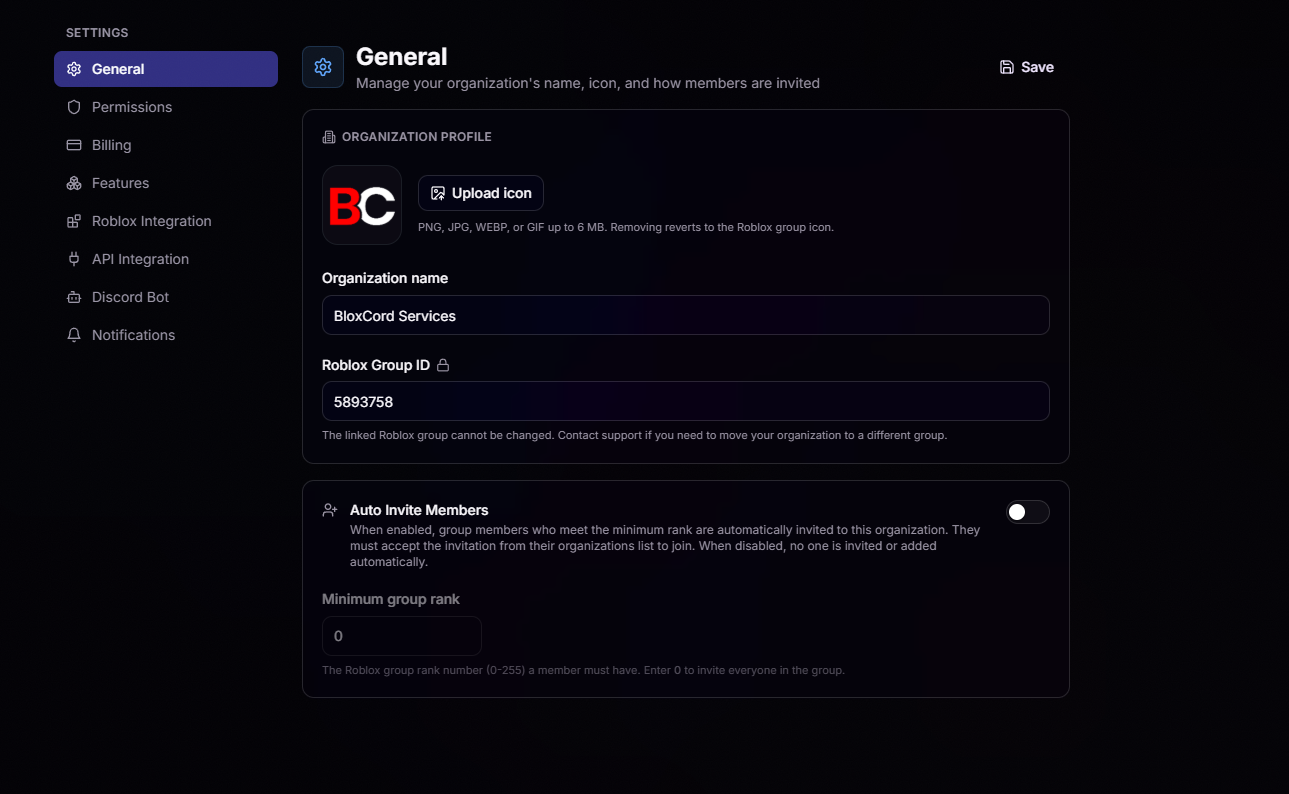 General settings page showing organization profile and auto invite members