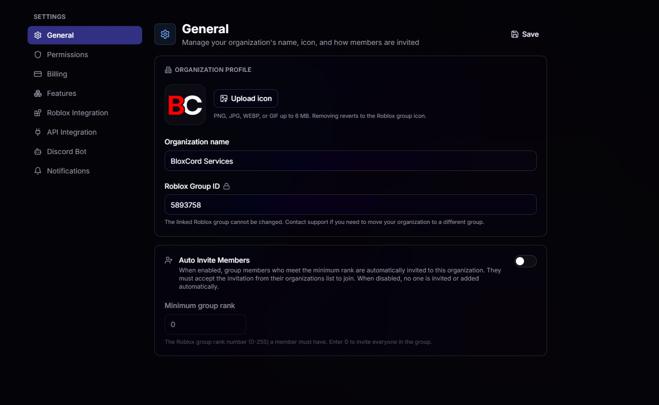 General settings page showing organization profile and auto invite members