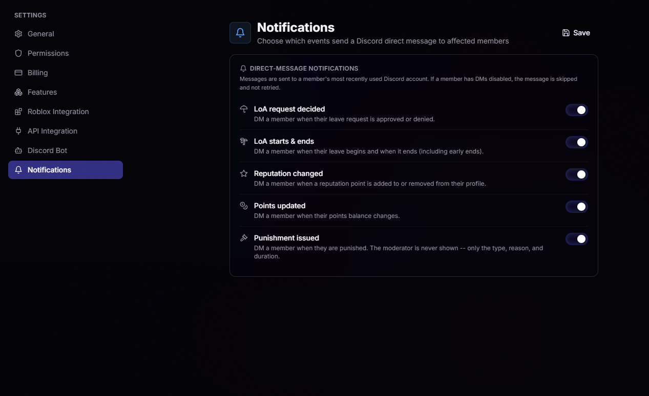 Notifications settings
