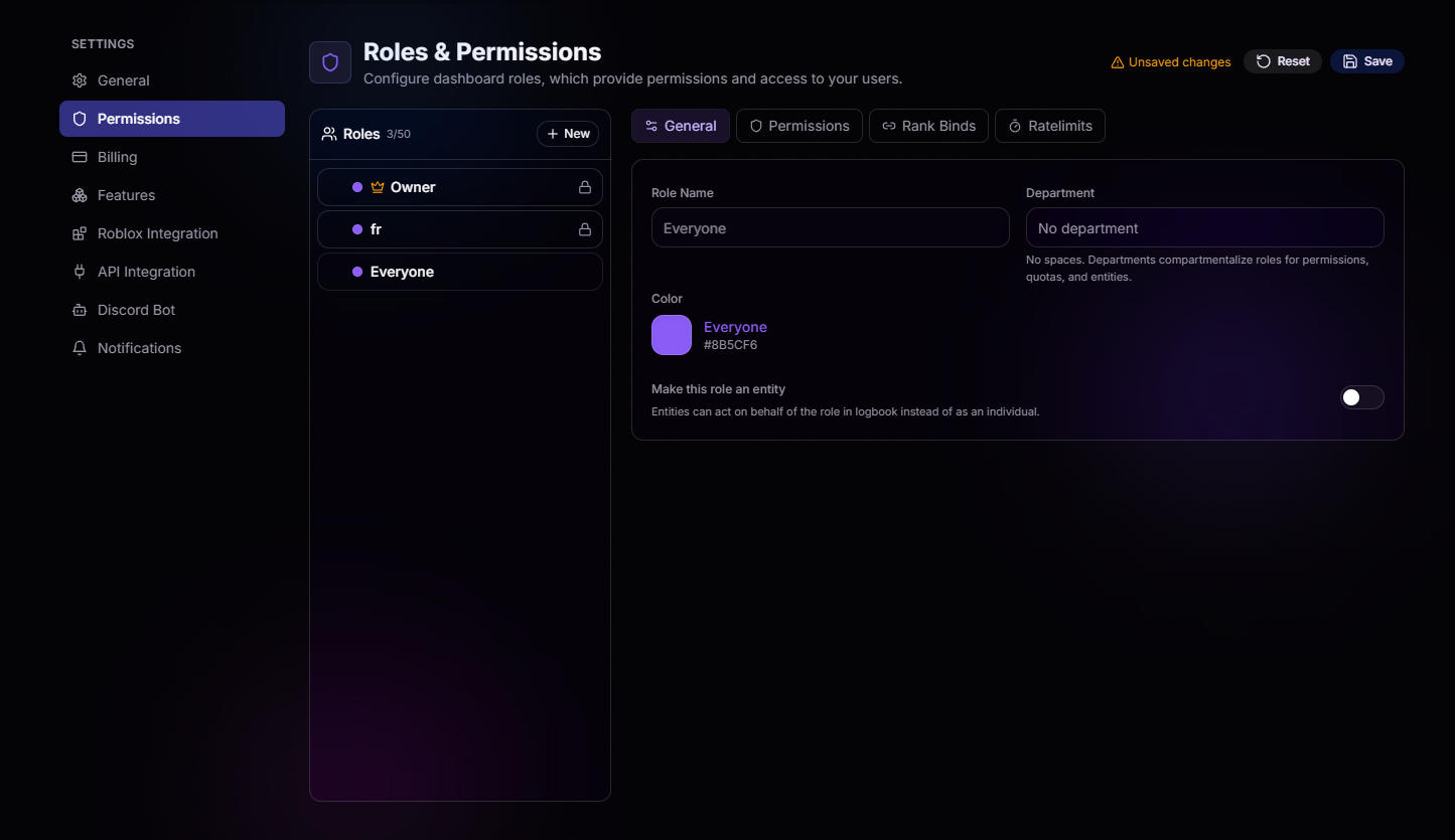 Roles and Permissions general tab