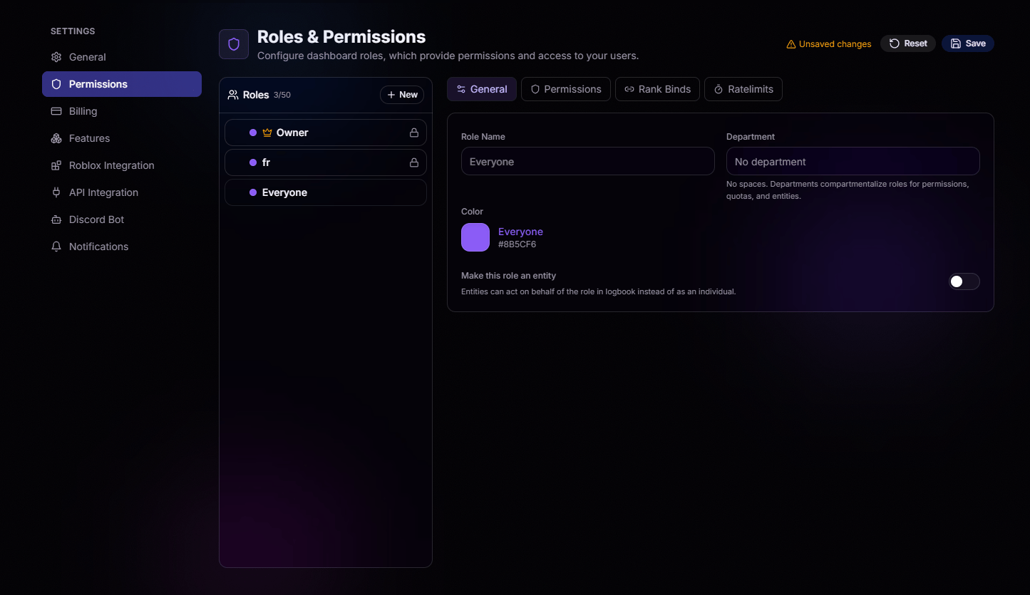 Roles and Permissions general tab