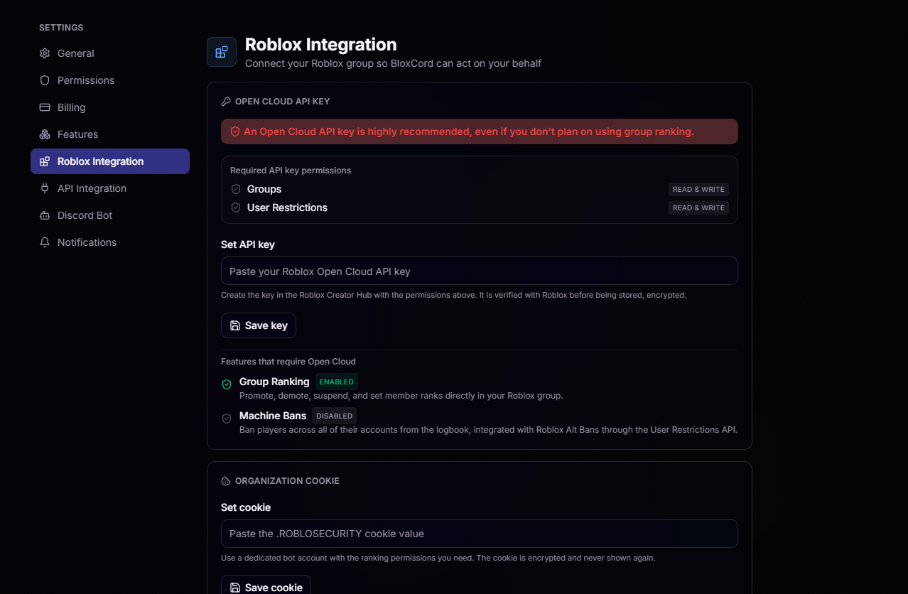 Roblox Integration settings