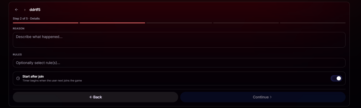 Step 2 of 5 entry details with reason field, optional rules selector, and Start after join toggle