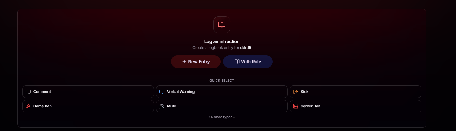Log an infraction dialog with New Entry, With Rule, and quick-select punishment types