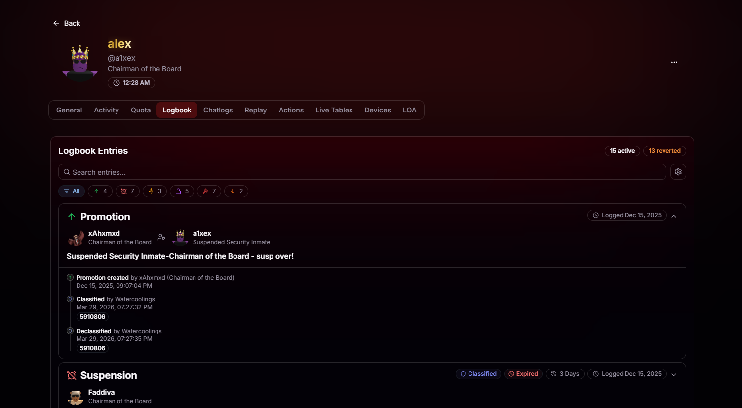 Logbook tab on a player's profile showing entries, filters, and classification status