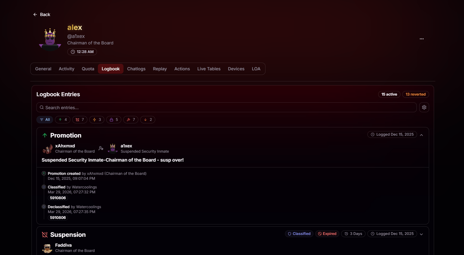 Logbook tab on a player's profile showing entries, filters, and classification status