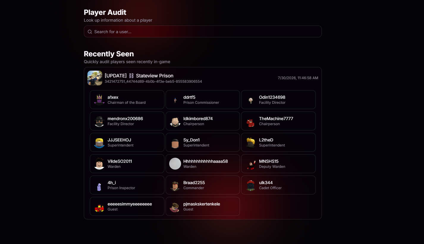 Player Audit landing page showing a search bar and a Recently Seen panel with your latest session and the players who were in it