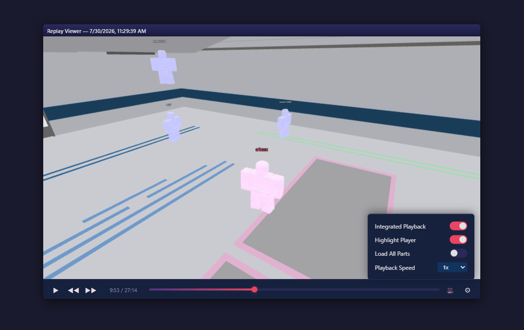 Replay Viewer showing the untextured game structure, player figures, and the playback settings menu
