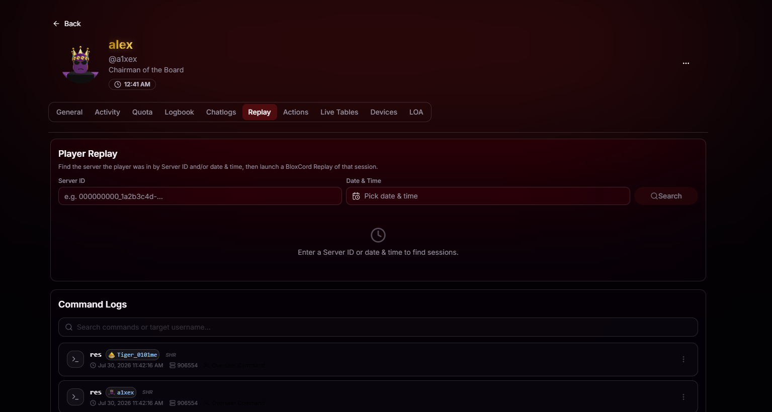 Player Audit Replay tab with Server ID and date & time inputs, plus Command Logs section below
