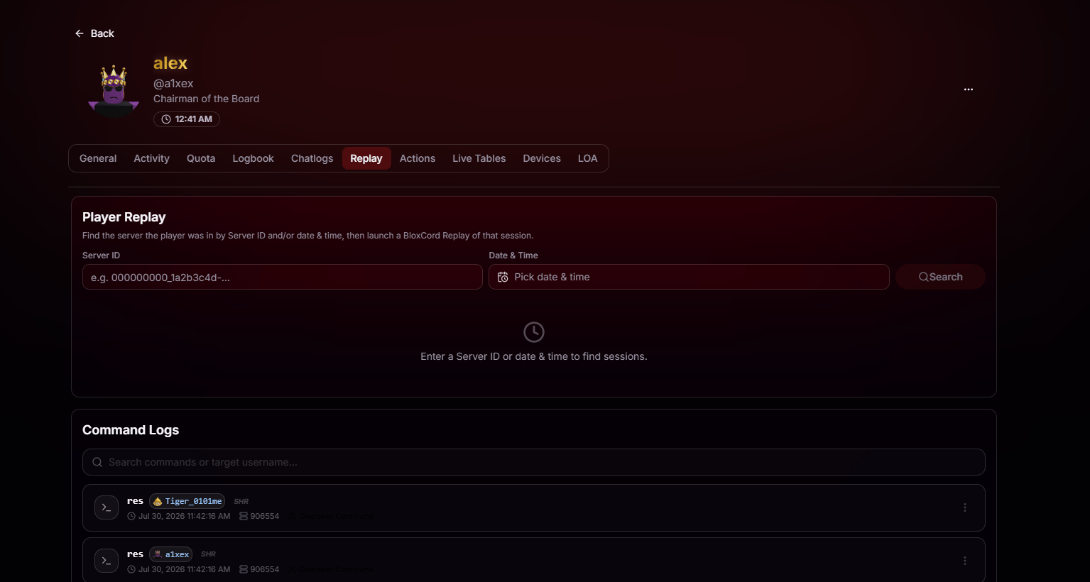 Player Audit Replay tab with Server ID and date & time inputs, plus Command Logs section below