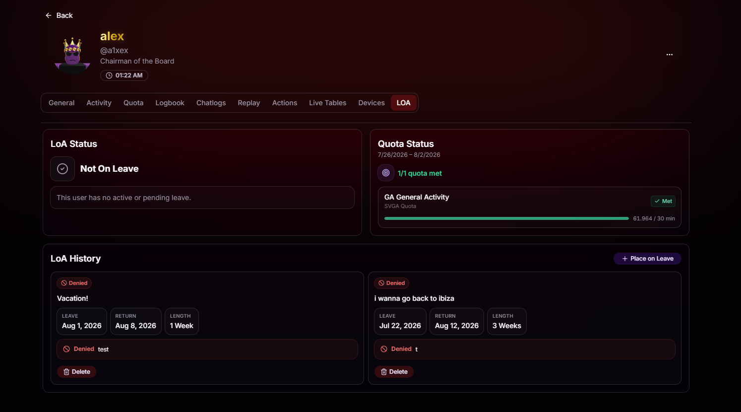 LOA tab on Player Audit showing current leave status, quota status, and leave history