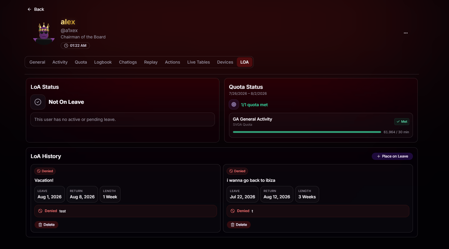 LOA tab on Player Audit showing current leave status, quota status, and leave history