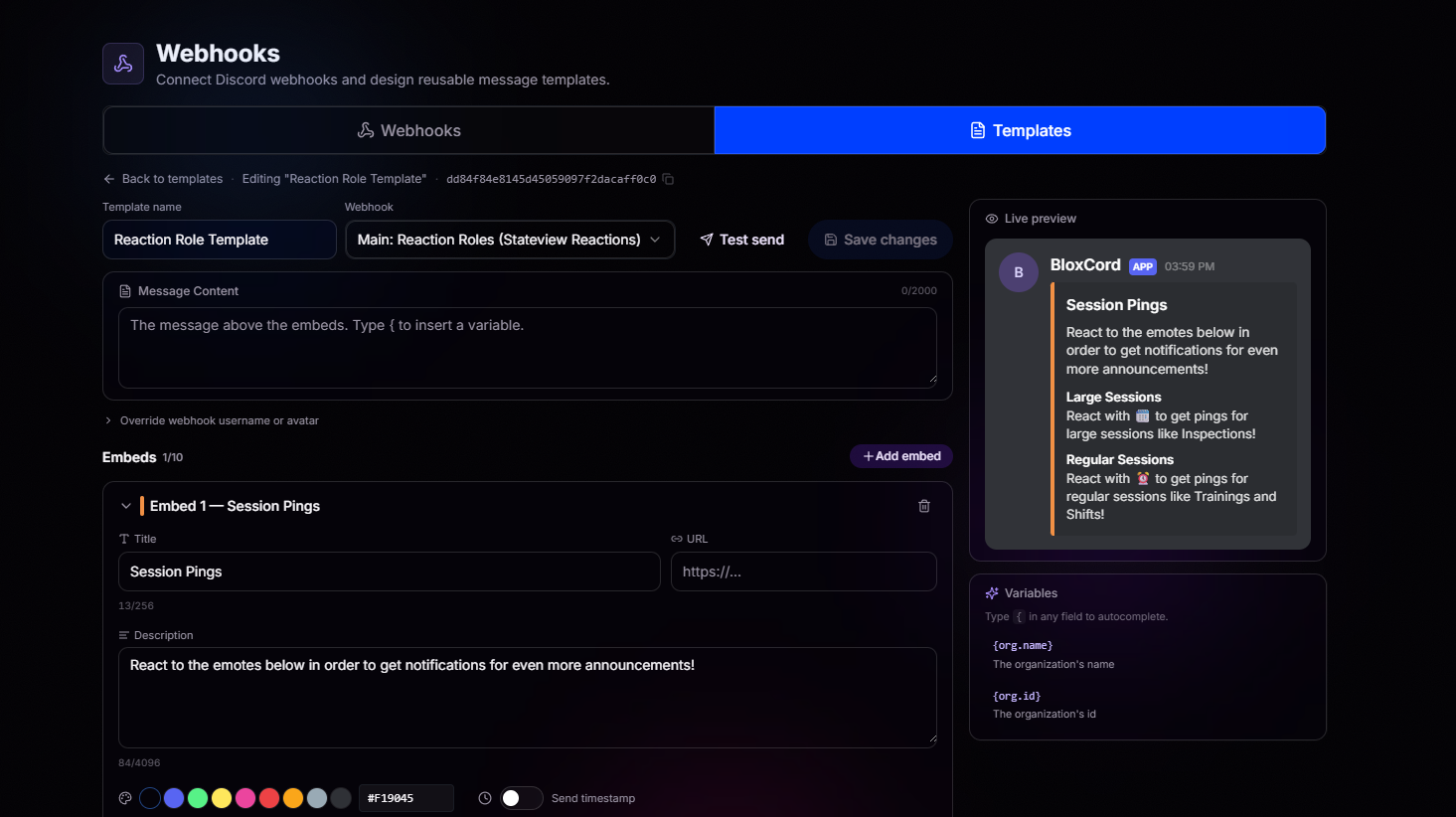 Webhook template editor with live preview