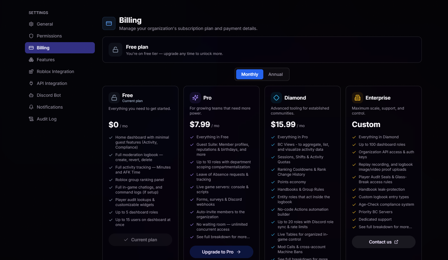 Billing settings showing plan tiers and features