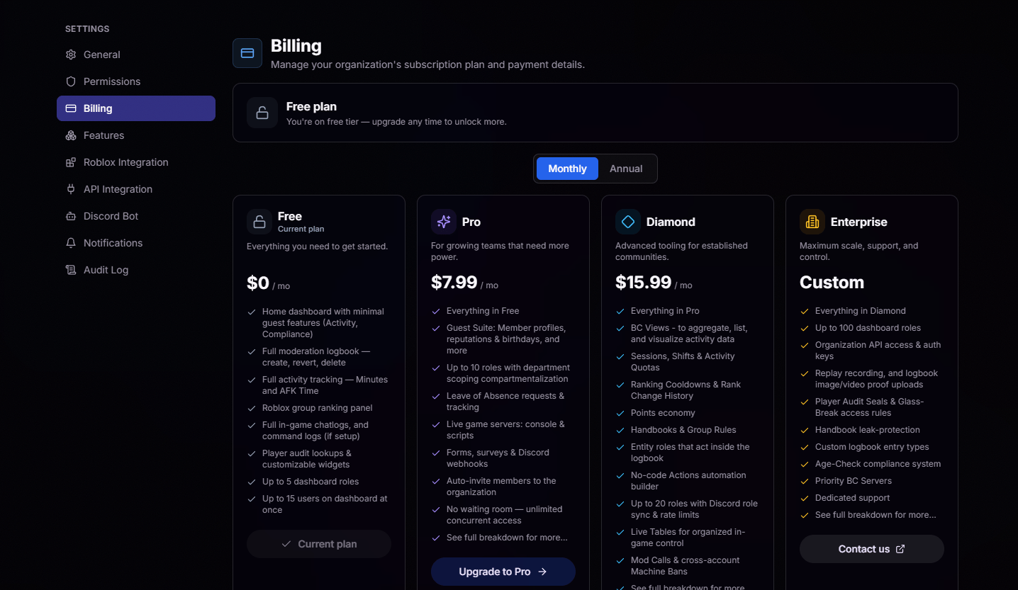 Billing settings showing plan tiers and features