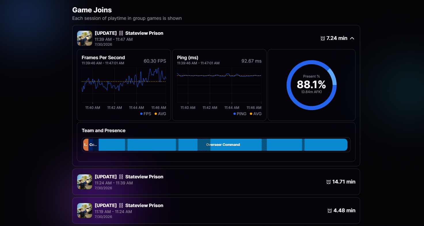 Game joins and session log