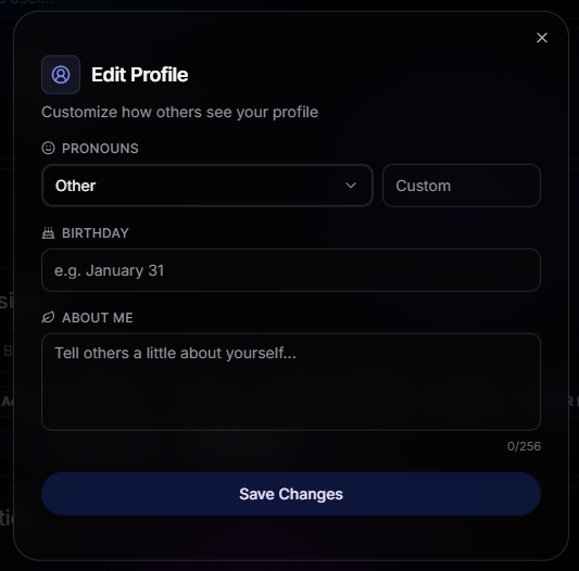 Edit Profile modal with fields for pronouns, birthday, and about me