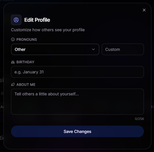 Edit Profile modal with fields for pronouns, birthday, and about me